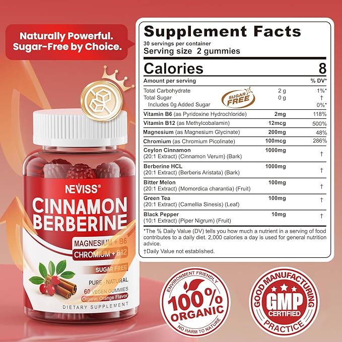 Organic Ceylon Cinnamon Berberine Supplement Gummies Sugar Free Berberine HCl Complex Gummy, Berberine with Ceylon Cinnamon, Bitter Melon, Chromium & Magnesium Glycinate, Vitamin B6 & B12, Vegan, 60ct