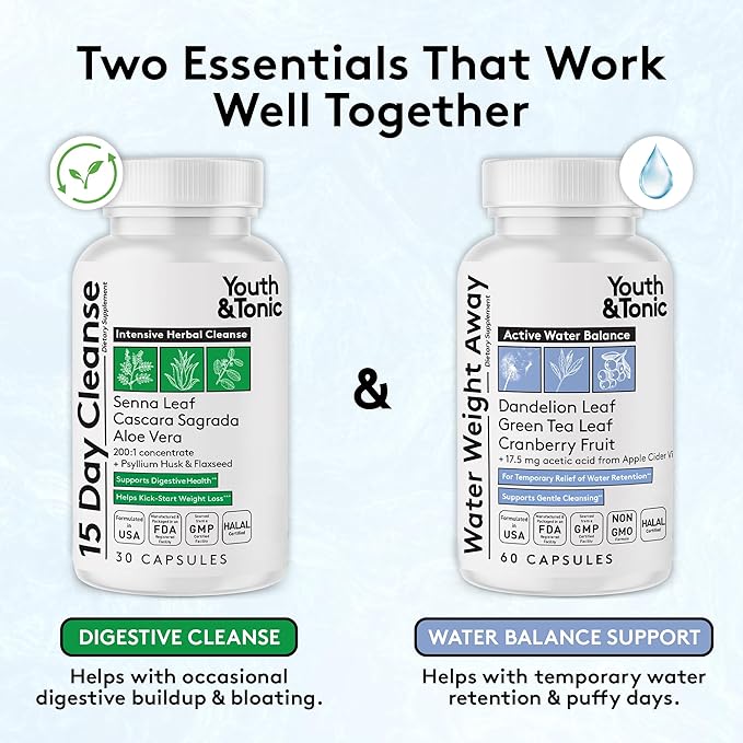 Youth & Tonic Water & Waste Reset – Water Weight Away & 15 Day Cleanse Pills for Digestive Cleanse, Fluid Retention, Colon Cleanser, Gut Detox & Bloating Support for Women & Men – 90 Capsules