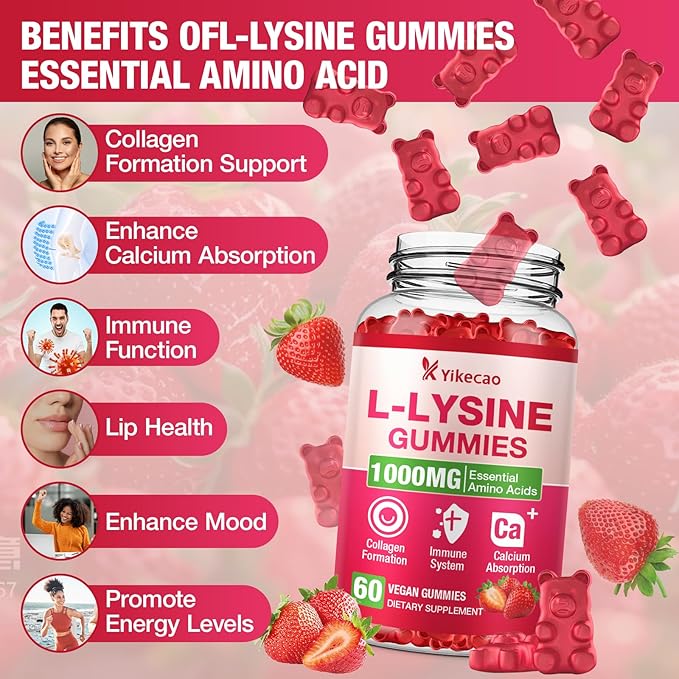 L-Lysine 1000mg Gummies, Chewable Lysine Supplement for Lips & Skin, Immune Support, Essential Amino Acid, Non-GMO, Vegan, Gluten Free, Sugar-Free, Strawberry Flavor, 60 Count