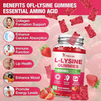 L-Lysine 1000mg Gummies, Chewable Lysine Supplement for Lips & Skin, Immune Support, Essential Amino Acid, Non-GMO, Vegan, Gluten Free, Sugar-Free, Strawberry Flavor, 60 Count