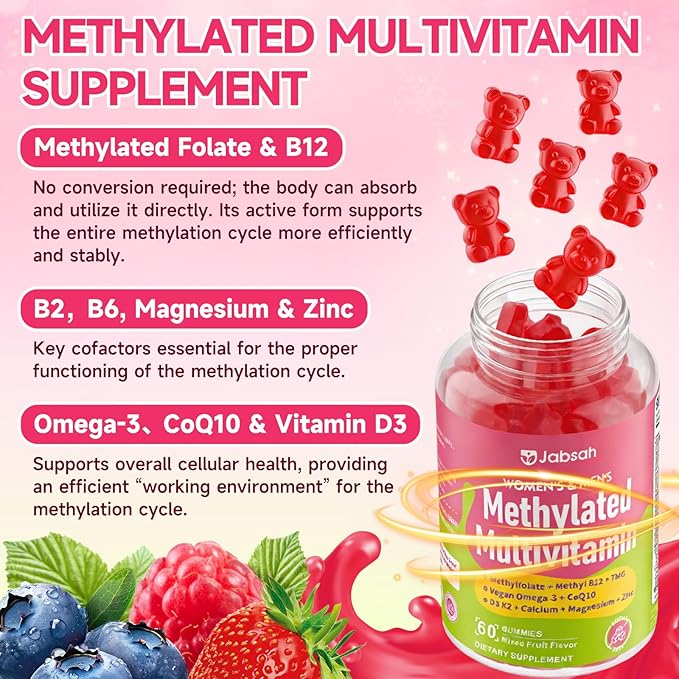 Methylated Vitamin B Complex Gummies for Women & Men, Multivitanins Gummy with Vitamin A, C ,E, Methylfolate & B12, TMG, Calcium, D3 K2, Magnesium & More for Overall Health-Vegan, Sugar Free, 60 Cts