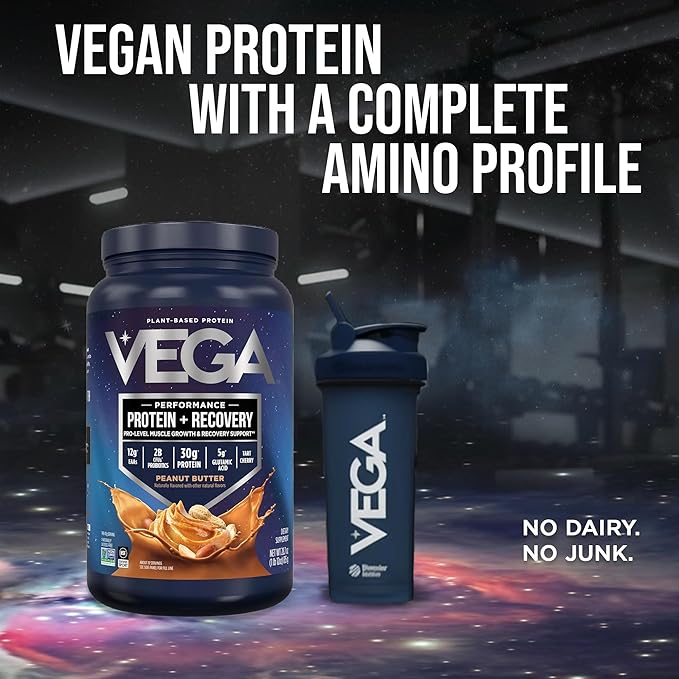 Vega Sport Vegan Protein Powder + Recovery - 30g Plant Based Protein per Serving, Peanut Butter, 19 Servings, 5g BCAAs, Probiotics, NSF Certified, for Shakes & Smoothies, 1.8lbs (Packaging May Vary)