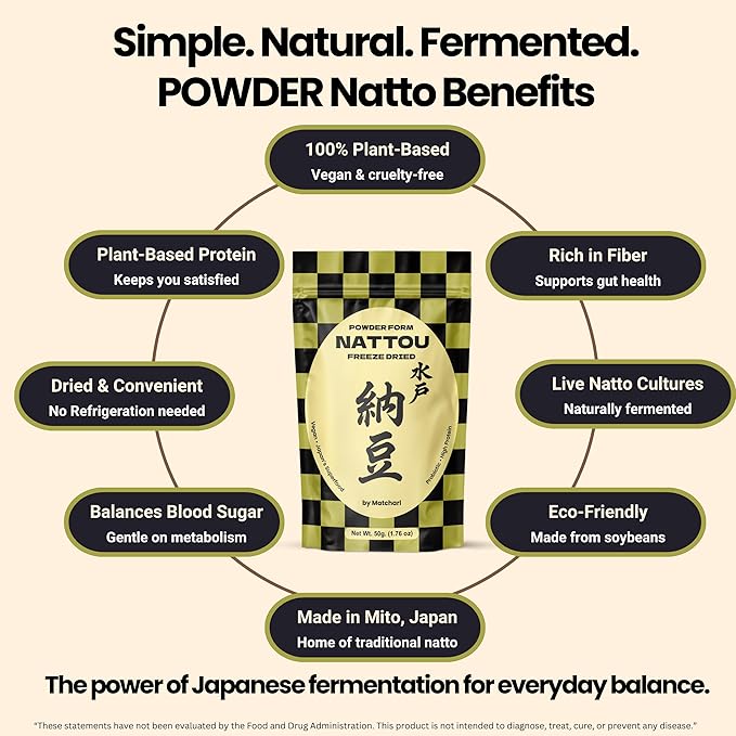 Matcharl Japanese Natto Powder, Freeze-Dried 50g (1.76oz) Nattokinase & Vitamin K2 | Fermented Soybean Superfood Supports Gut Health | Probiotic & Prebiotic | Non-GMO, Vegan, Made in Japan