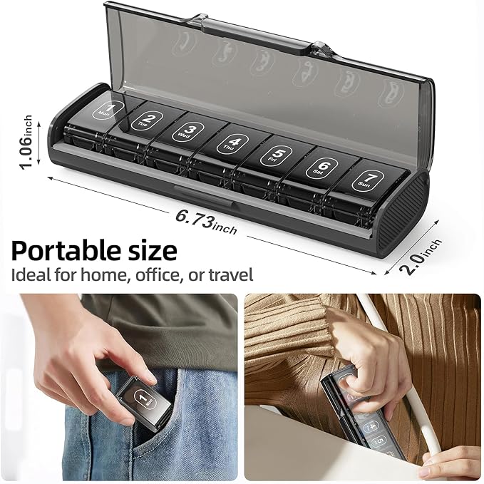 Weekly Pill Organizer,Portable 7 Day Pill Box,Moisture Proof Medicine Pill Organizer,Travel Pill Case with BPA-Free Material,Pocket-Size for Supplements & Vitamins (Black)