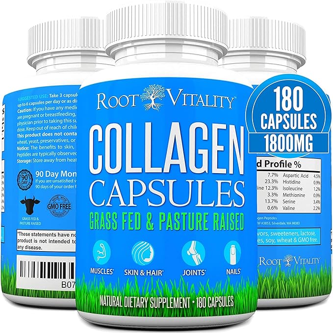 Root Vitality Collagen Peptides Capsules - Grass-Fed, Pasture-Raised Hydrolyzed Protein Supplement for Skin, Hair, & Nails - Non-GMO, Zero Sugar Daily Pills for Men & Women (180 Capsules)