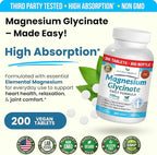 Magnesium Glycinate 400mg | 200 Tablets | High Absorption Mag Supplements for Sleep, Leg Cramps, Heart, Muscle, Calm | Non Buffered Bisglycinate, Extra Strength for Women and Men, Tablets Not Capsules