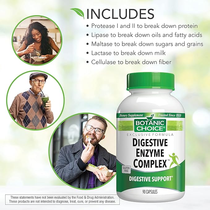 Botanic Choice Digestive Enzyme Complex - Digestive Aid for Healthy Gut Supplement for Better Digestion and Improved Nutrient Absorption to Ease Abdominal Bloating - 90 Pills