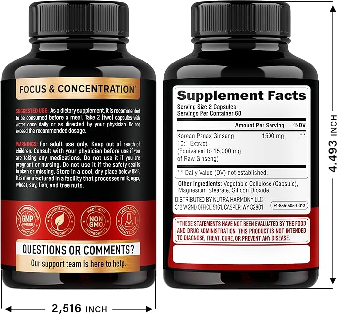 Panax Ginseng 15,000 mg - Red Korean Ginseng Supplement for Men - Extra Strength 10:1 Extract - Energy, Focus, Productivity & Performance - Natural & Vegan - Made in USA - 120 Capsules, 2 Month Supply