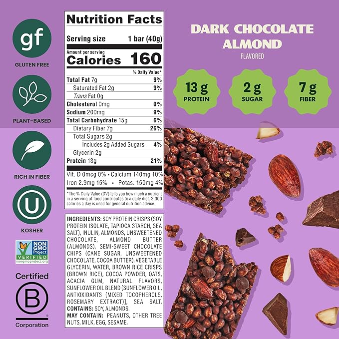 Simply Protein - Dark Chocolate Almond Crispy Bars - Plant Based Protein Bars - Low Carb, Low Sugar, High Fiber - 13g Protein, 2g Sugar, 7g Fiber - Vegan, Gluten Free, Non GMO, Kosher - 24 Bars