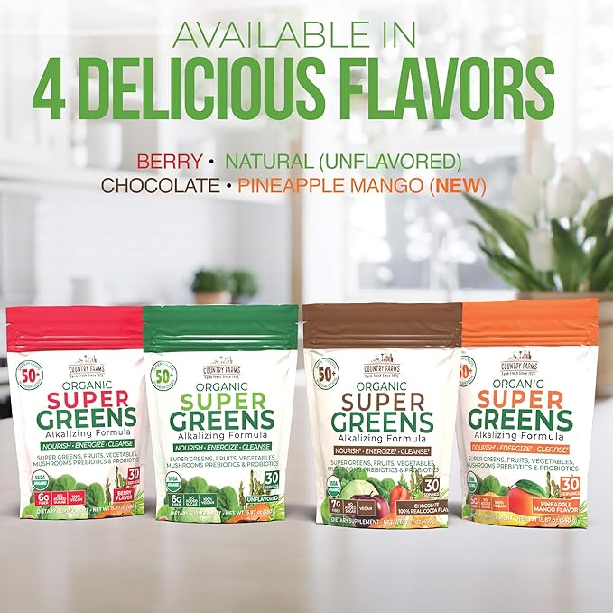 Country Farms Super Greens Pineapple-Mango Flavor, 50 Organic Super Foods, USDA Organic Drink Mix (Wheat Grass, Spirulina, Chlorella) Mushrooms & Probiotics, with Fiber, Natural Energy, 30 Servings