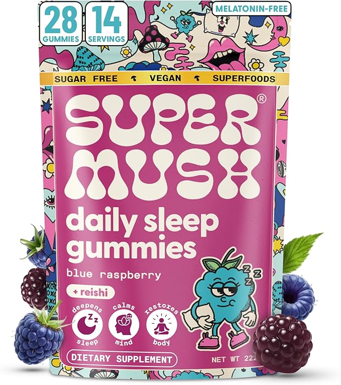 SuperMush Sleep Gummies for Adults - Mushroom Supplement with Magnesium Citrate, L-Theanine, Chaga, Reishi & Chamomile for Deep Sleep, REM & Detox - Vegan & Sugar-Free - 28 Gummies (14 Servings)