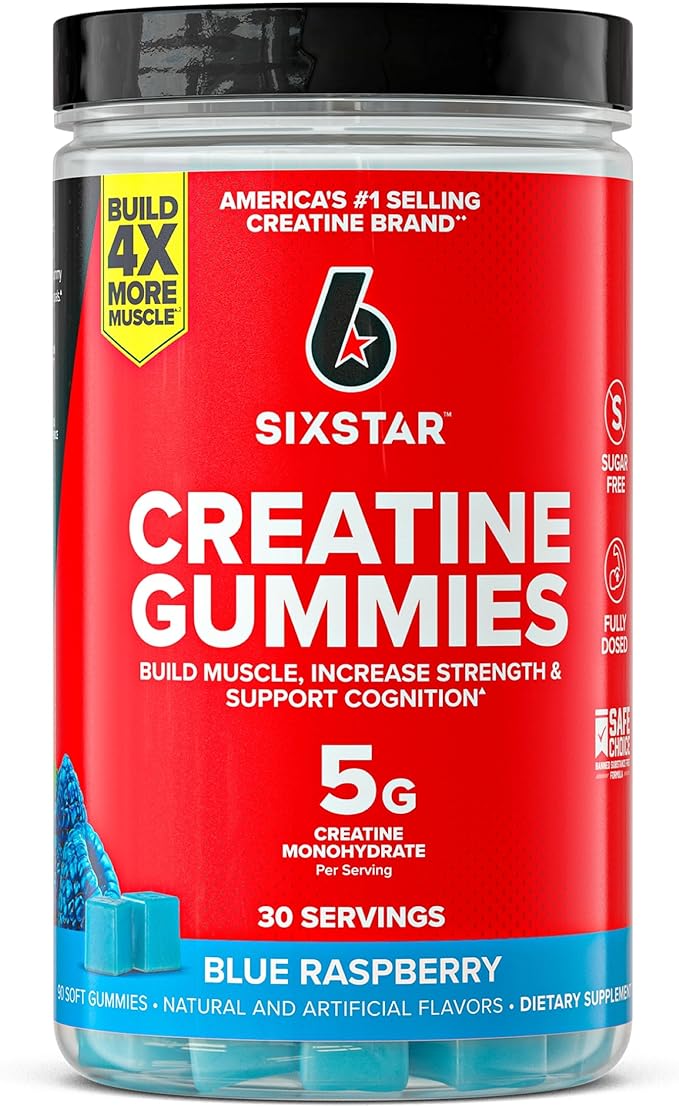 Six Star Sugar-Free Creatine Gummies for Men & Women - Pre & Post Workout Creatine Monohydrate Gummy for Muscle Building & Strength, Lean Muscle Gains & Recovery - Blue Raspberry, 30 Servings