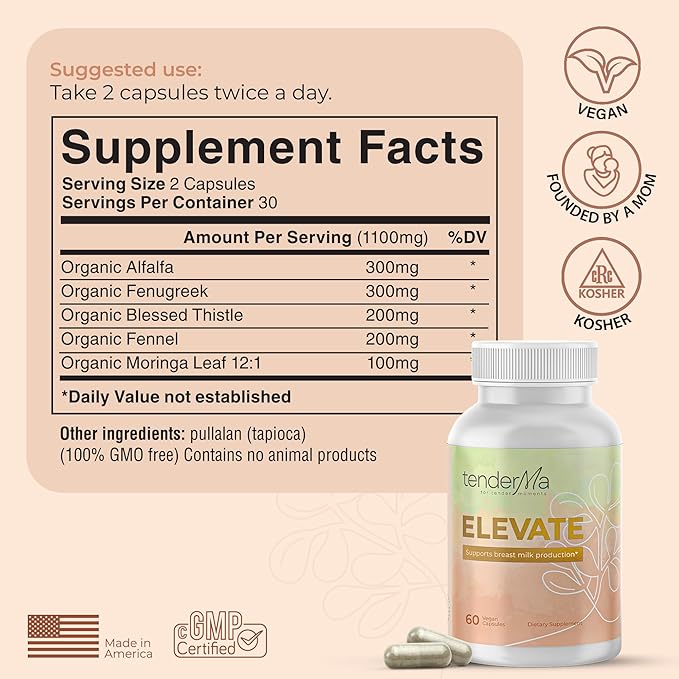 Elevate Lactation Supplement, Natural Lactation Support for Breastfeeding, Breast Milk Supply Increase, Fenugreek, Moringa, Thistle Alfalfa, Fennel, Vegan, Non-GMO, 60 Capsules