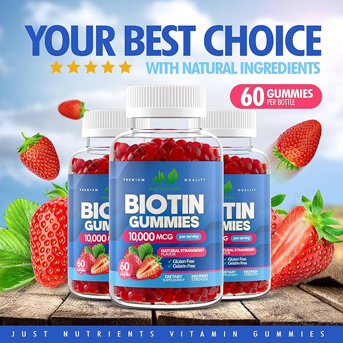 Biotin 10,000mcg Gummies for Hair Growth, Skin & Nails - 2x Maximum Strength Biotin Vitamins for Women & Men - Gluten-Free, Vegan, Non-GMO, Great Tasting Strawberry Flavor - 60 Gummies (1 Month)
