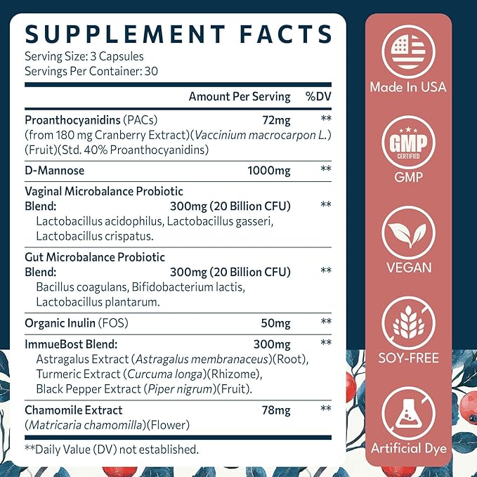 72mg PAC, Cranberry Pills for Women - Organic Cranberry Juice Extract Plus 1000mg D-Mannose, Supports Urinary Tract Health, Cranberry Supplement - 90 Capsules