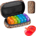 Serfeymi Weekly Travel Pill Organizer 2 Times A Day AM PM Upgraded Rainbow Pill Box 7 Day with Portable Zipper Canvas Pill Case, Medicine Organizer for Pills, Vitamins, Fish Oils - Brown 01