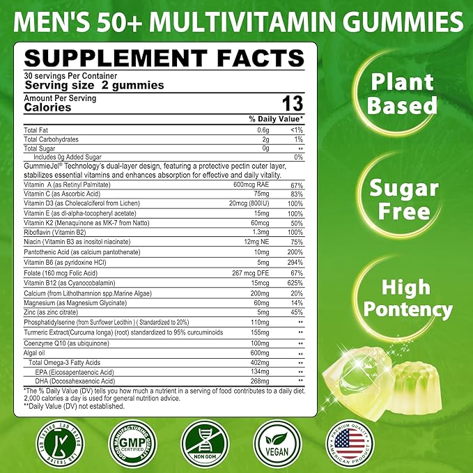 Multivitamin for Men 50 + Plus, Sugar Free Men Multivitamins Gummies w/Omega-3, Coq10, D3k2, Calcium, Magnesium, Zinc, Vitamins A, C & E, Mens Vitamins for 𝖧𝖾𝖱𝗍, Antioxidant, Brain, Bone, 60cts