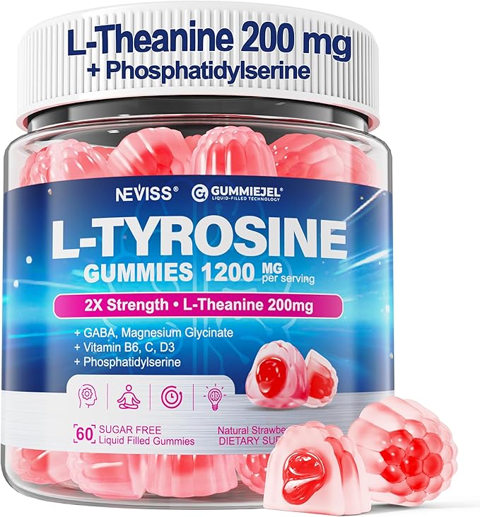 L Tyrosine Gummies Supplement 1200mg, GABA L-Theanine Supplement 200mg with Magnesium Glycinate Vitamin B6, D3 & C - Calm & Focus Gummies - Brain Supplements for Memory, Mood & Relax for Adults, Vegan