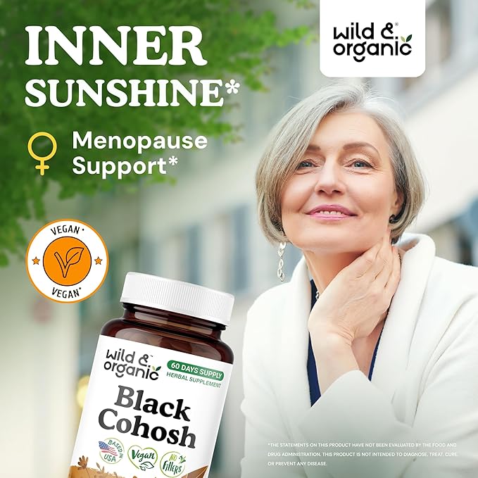 Wild & Organic Black Cohosh Capsules 540 mg - Menopause Supplements for Women - Black Cohosh Root Supplement - Actaea Racemosa Herb - 60 Days of Supply - Vegan, No Fillers, Non-GMO - 60 Count
