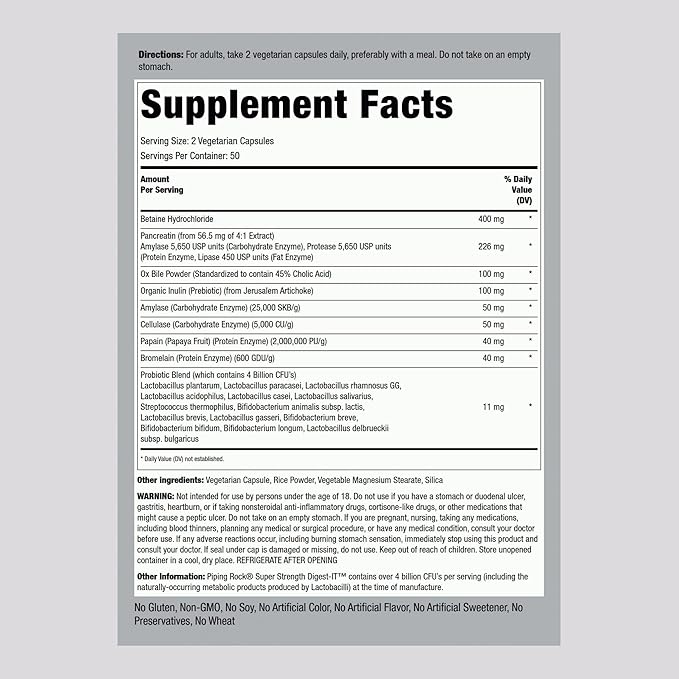 Piping Rock Digestive Enzymes for Women and Men | 100 Capsules | 4 Billion CFU | Multi Supplement with Probiotics and Prebiotics | Extra Strength Pills | Non-GMO, Gluten Free