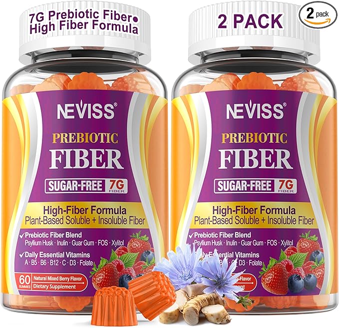 Fiber Gummies for Adults with Psyllium Husk, 7G(Soluble + Insoluble) Daily Prebiotic Fiber with Inulin, FOS, Guar Gum, Multivitamins for Daily Digestive Health, Regularity Support,Sugar Free,Pack of 2