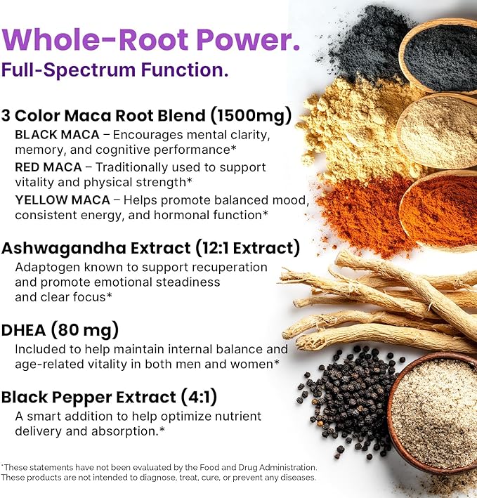 6-in-1 Organic Maca Root Ashwagandha Capsules 1710mg with DHEA and Black Pepper Fruit Extract for Women and Men - Black Maca Supplement for Stamina, Bone and Mood Support Supplement, 120 count