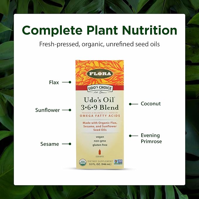 Flora Health UDO’s Oil Omega 3-6-9 32 Oz Supplement | Organic | Plant Based | Vegan Fish Oil Alternative | Blend of Flaxseed, Coconut, Evening Primrose & More