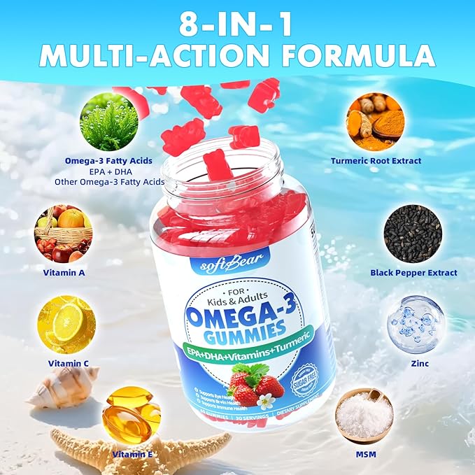 softbear Omega 3 Gummies for Women & Men & Kids Omega 3 Supplements 1200mg Vegan Omega 3 Fatty Acids DHA EPA with Vitamins Support Eye & Brain Health, Sugar Free, Strawberry Flavor 60 Count