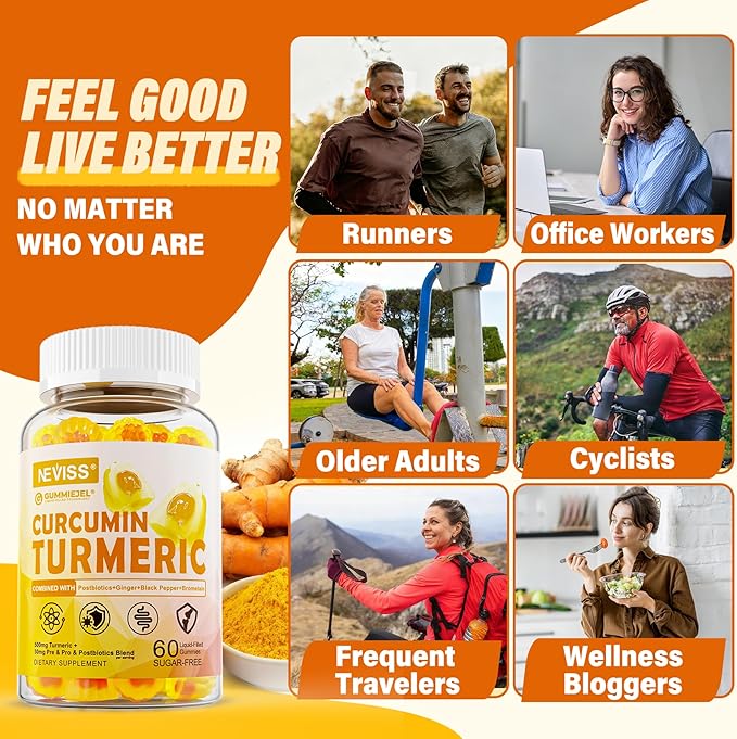 Sugar Free Turmeric Curcumin Filled Gummies 550mg for Adults, Ginger & Black Pepper | 95% Curcuminoids w/Prebiotic Probiotic & Postbiotic Blend, Support Immune & Digestive Health, Vegan, 60 Count