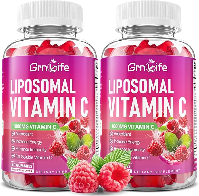 2 Pack Liposomal Vitamin C 1000mg Gummies for Adults Kids, 1500mg Chewable Vitamin C w/Iron, Zinc & Elderberry - Immune Support & Energy, Collagen Booster, Raspberry, 120 Count