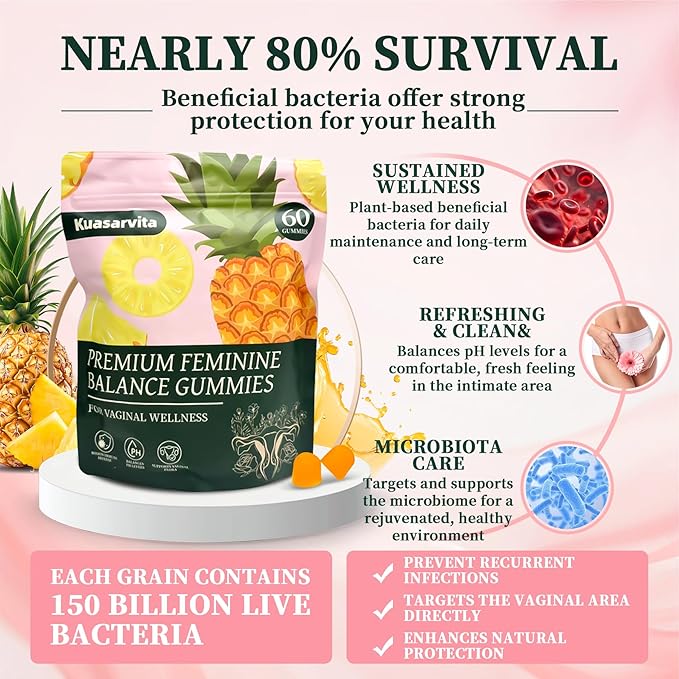 Premium Feminine Balance Gummies for Women, Vaginal Probiotics, PH Balance for Women Healthy Odor, Gut Health, Immune Support, Pineapple Gummies for Woman, 60 Counts