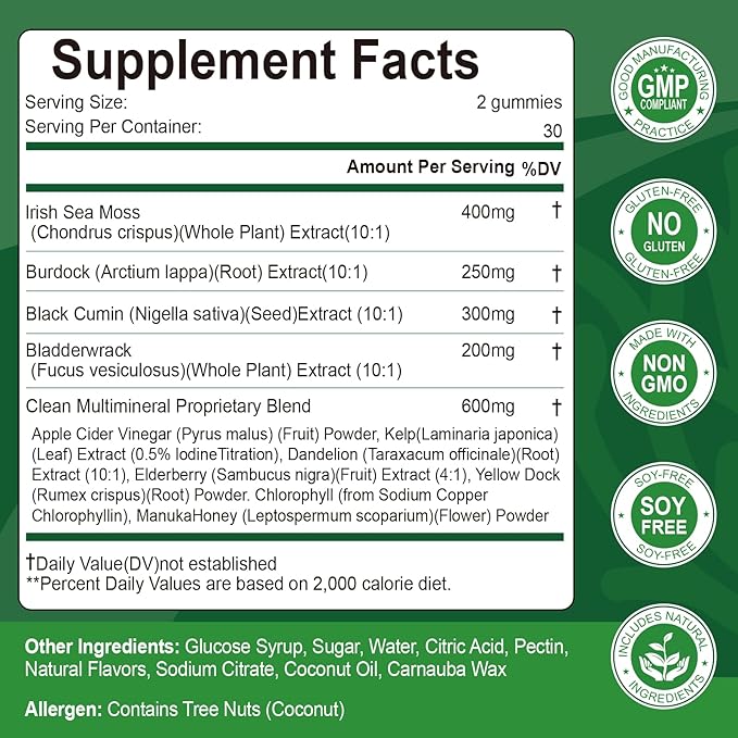 Organic Sea Moss Gummies, Natural Irish Sea Moss with Bladderwrack,Burdock Root,Black Cumin Seed for Immune, Thyroid and Detox Support, Gluten-Free, Vegan - 60 Gummies