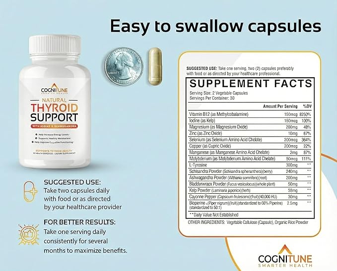 CogniTune Thyroid Support Supplement for Women and Men - Complete 14 Ingredient Formula with Iodine Selenium and B12 - Supports Natural Energy Metabolism and Mental Focus