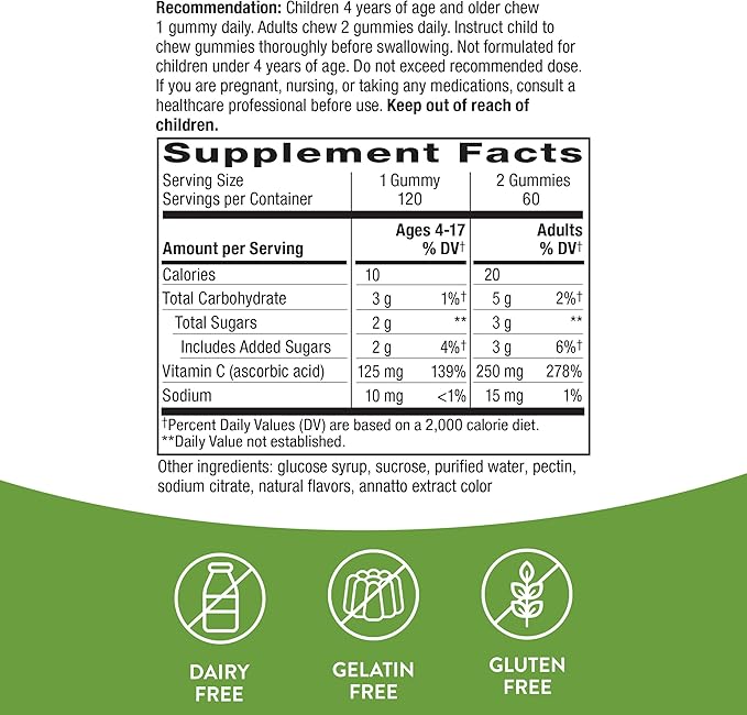 Nature's Way Vitamin C Gummies, Support Immune Health*, Antioxidant, 250 mg per 2-Gummy Serving, Gummy Vitamins, Orange Flavored, 120 Gummies (Set of 2)