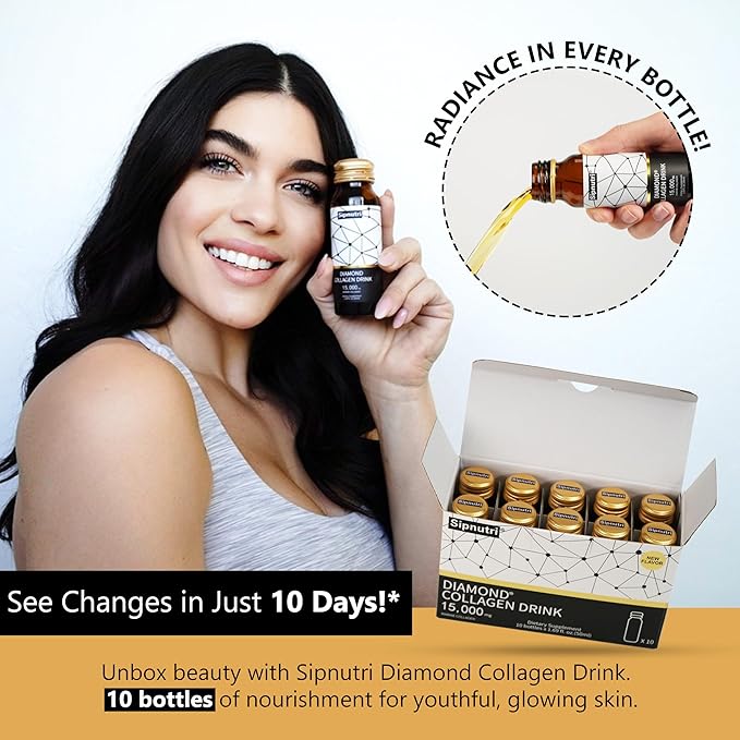 Diamond Marine Collagen Drink, Gift for Mom, 15000mg Hydrolyzed Collagen Peptides with Vitamin C, Pomegranate, Healthy Hair Skin Nails Joints Bones Support, 50 ml x 10 Bottles
