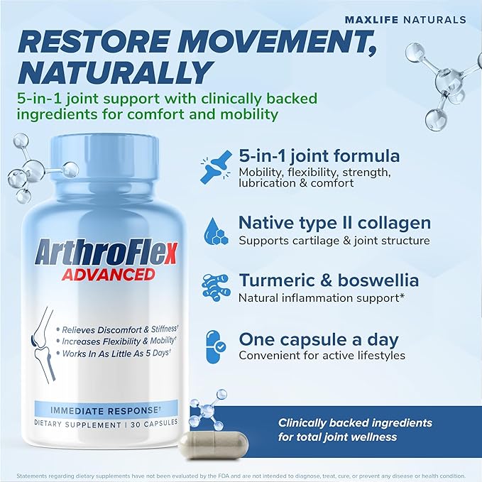 MAXLIFE NATURALS ArthroFlex Advanced Joint Health Supplement – 30 Capsules - Vital Joint Supplements for Women and Men, Type II Collagen Cartilage Supplement, Made in USA Health Care Supplements