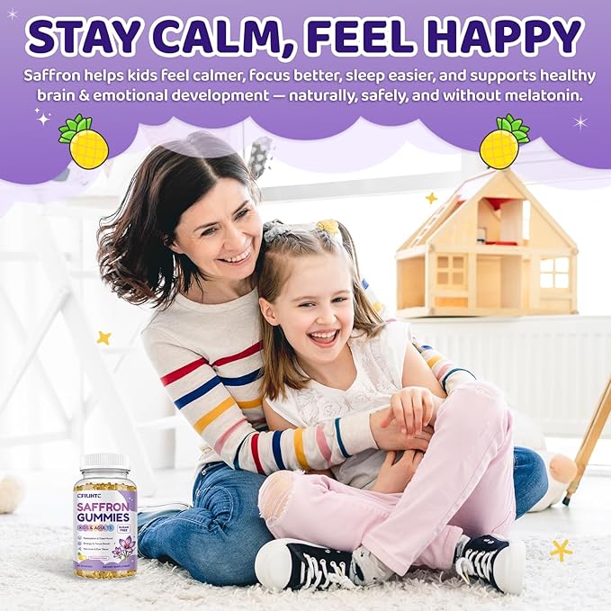 Saffron Gummies for Kids & Adults, 20-in-1 Saffron Supplements with 88.5mg Saffron Extract, B6, B12, C, D3, Magnesium for Calm, Focus, Nerve, Sugar Free, Vegan, Non-GMO - Pineapple Flavor, 60 Counts