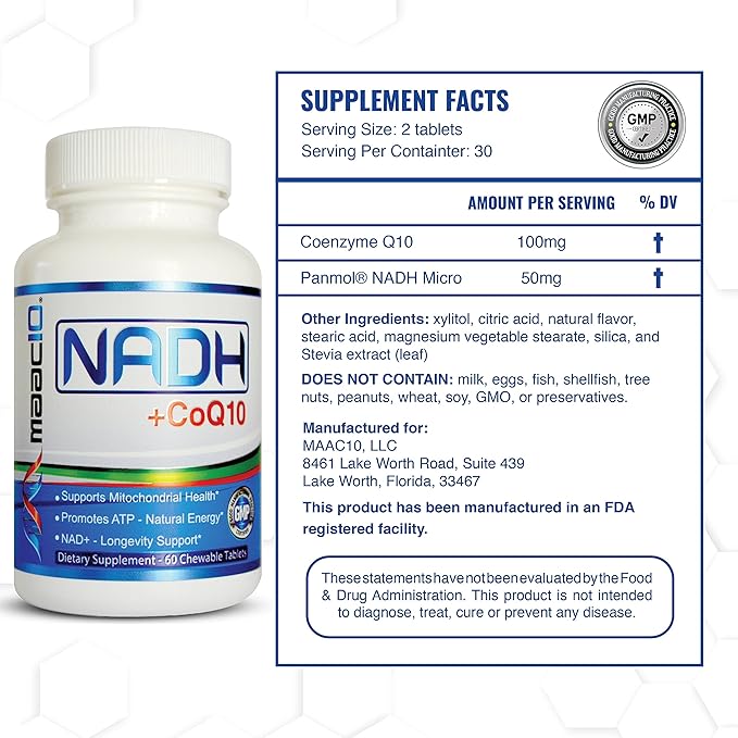 MAAC10 NADH + CoQ10 Supplement | Great Tasting Chewable Tablets | 50mg PANMOL® NADH + 100mg CoQ10 | for Fatigue, Energy and Mental Focus | NAD+ Supplement (60 Tablets 2 per Serving)