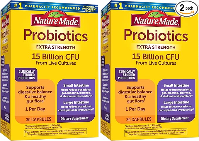 Nature Made Probiotics for Digestive Health Extra Strength 15 Billion CFU from Live Cultures,Probiotics for Women and Men,30 Probiotic Capsules,30 Day Supply,(Pack of 2)