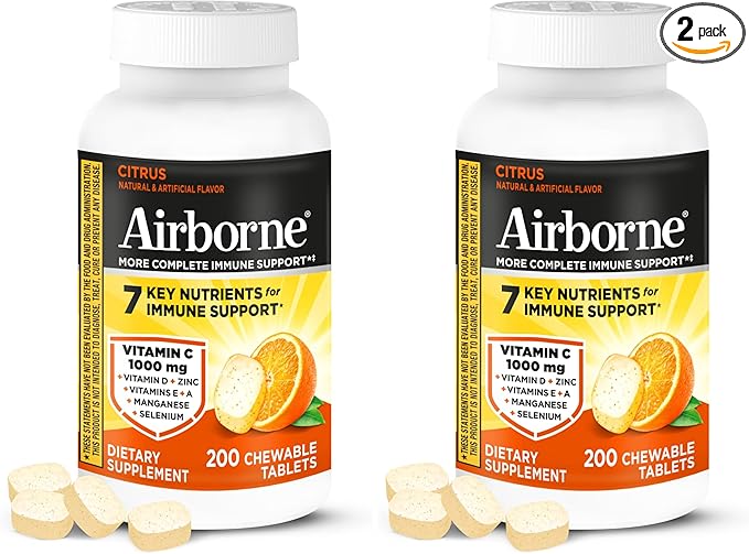 Airborne 1000mg Vitamin C with D and Zinc, Multivitamin Immune Support Supplement with Antioxidants A, C, and E, 200 Chewable Tablets, Citrus Flavor,(Pack of 2)