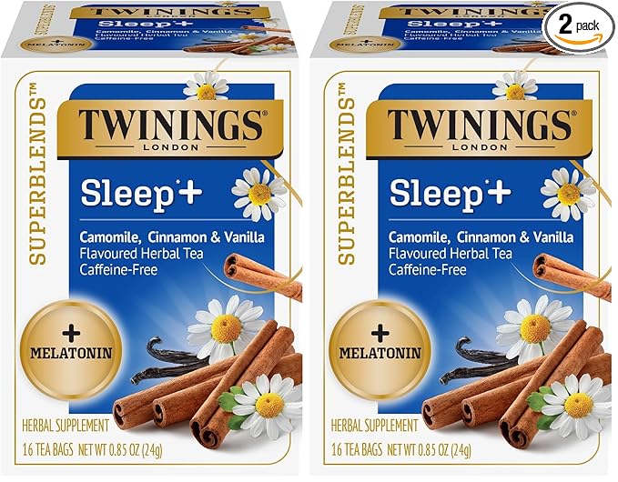 Twinings Superblends Sleep+ Herbal Tea with 1mg Melatonin Camomile, Cinnamon & Vanilla, Naturally Caffeine-Free, Enjoy Hot or Iced,16 Tea Bags (Pack of 2)