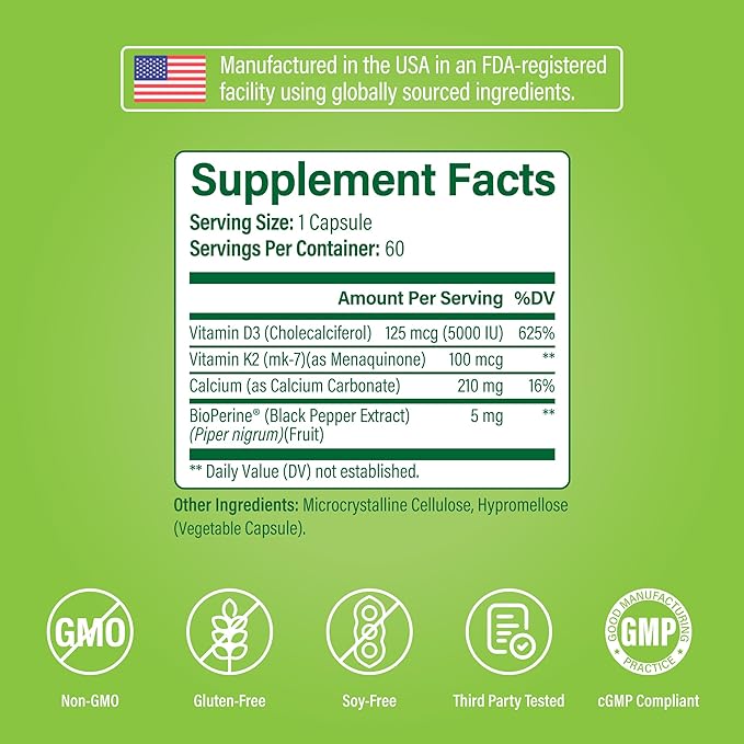 Noophoric Vitamin D3 K2 5000 IU, D3 with K2 MK7, Vitamin D3 K2 Capsules with Calcium and BioPerine, Non GMO Gluten Free Soy Free, 60 Capsules