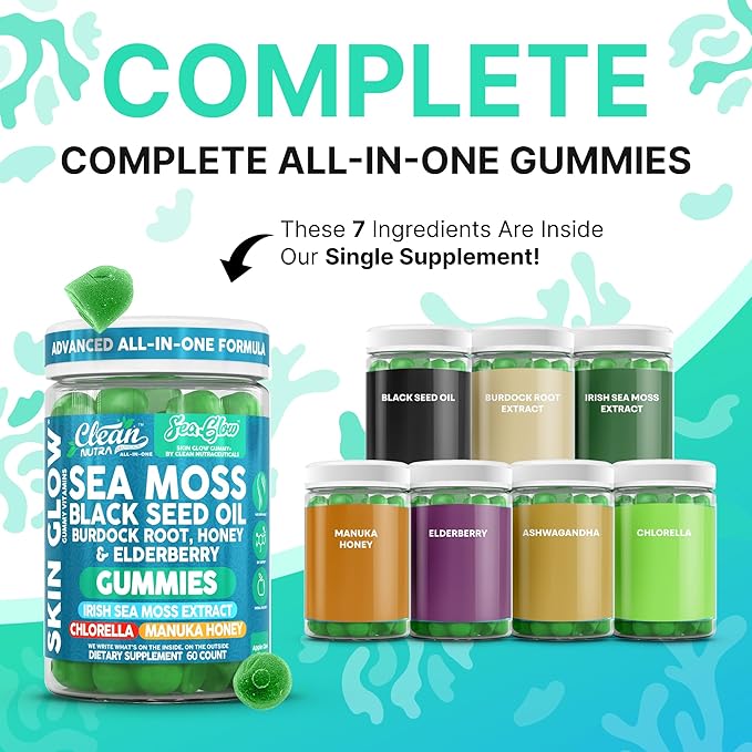 Clean Nutra Sea Moss Gummies Black Seed Oil Chlorella Ashwagandha Root Hair Growth Skin Glow Irish Sea Moss Elderberry Burdock Manuka Honey Trace Minerals Detox 60 Gummy Vitamins Sea Glow Supplement