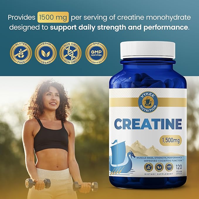 Vykee Nutrition Creatine Monohydrate Capsules 1,500 mg - Daily Creatine Supplement for Muscle Strength Training, Endurance, and Workout Performance Support - Vegan, Non-GMO - 120 Capsules