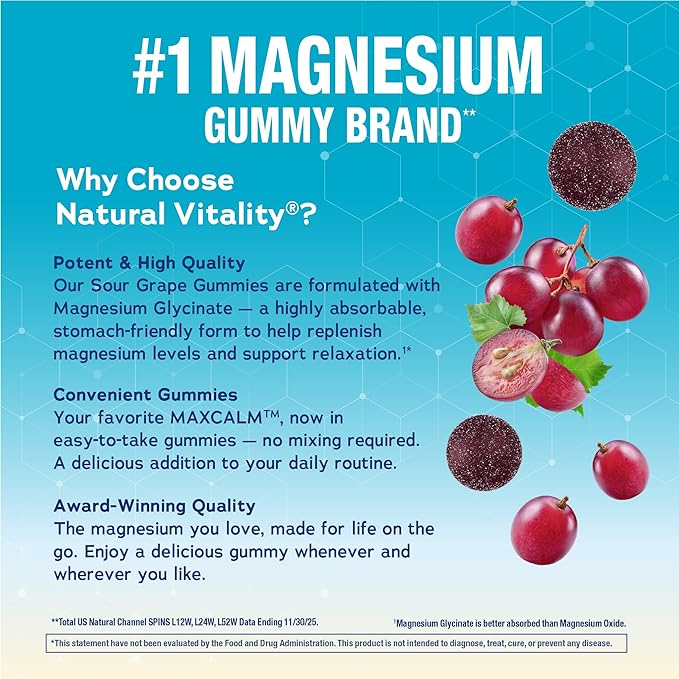 Natural Vitality Calm Magnesium Glycinate Gummies | Soup Grape Flavor | Non-GMO, Vegan & Gluten Free Supplement | 50 Count