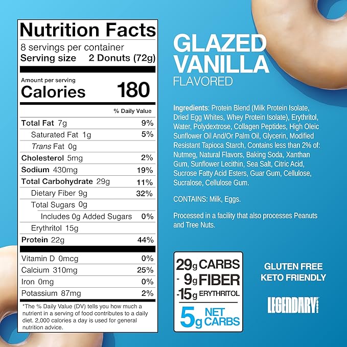 Legendary Foods Protein Donuts - 22g Protein, Glazed Vanilla, Zero Sugar Snack, Gluten Conscious, Low Carb, Keto Suitable, Diabetic and GLP-1 Diets - 8 Pack with Two Donuts per pack