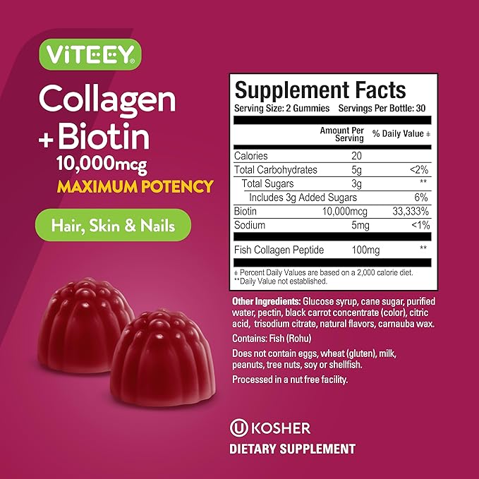 Viteey Collagen Gummies with Biotin Gummies for Hair Skin and Nails Vitamins - Biotin and Collagen Supplements for Women & Men - Gluten-Free – 60 Count