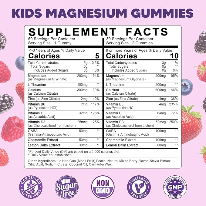 Kids Magnesium Gummies, Magnesium Glycinate Gummies 400mg/200mg with L-Theanine, Chamomile, Vitamin B6, D3 for Kids, Relaxation & Zzz Support, Nerve Bone - Sugar Free Mixed Berry Flavor 60ct