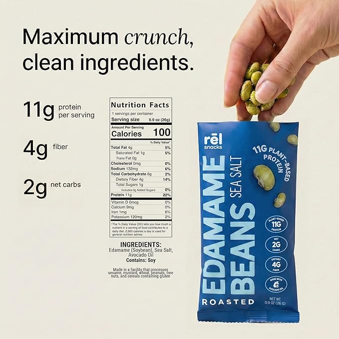 Rel Snacks Sea Salt Roasted Edamame Beans – High Protein, Low Carb Snack (11g Protein) – Keto, Vegan, Non-GMO – Made with Avocado Oil – 10 Pack, 0.9 oz