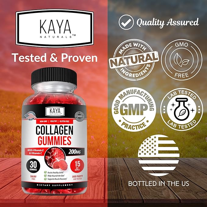 Kaya Naturals Collagen Gummies for Men & Women Supplement | Nature Made Gummies - 1000mg of Hydrolyzed Collagen, Vitamin C, Selenium & Biotin, Strawberry Flavor - 30 Count